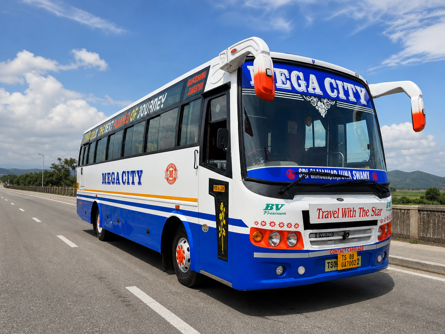 50 Seater Bus for hire in Hyderabad by Mega City Tours and Travells.