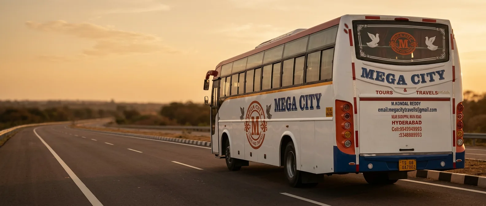 Mega City Tours & Travells fleet of cars, travellers, and buses in Hyderabad.