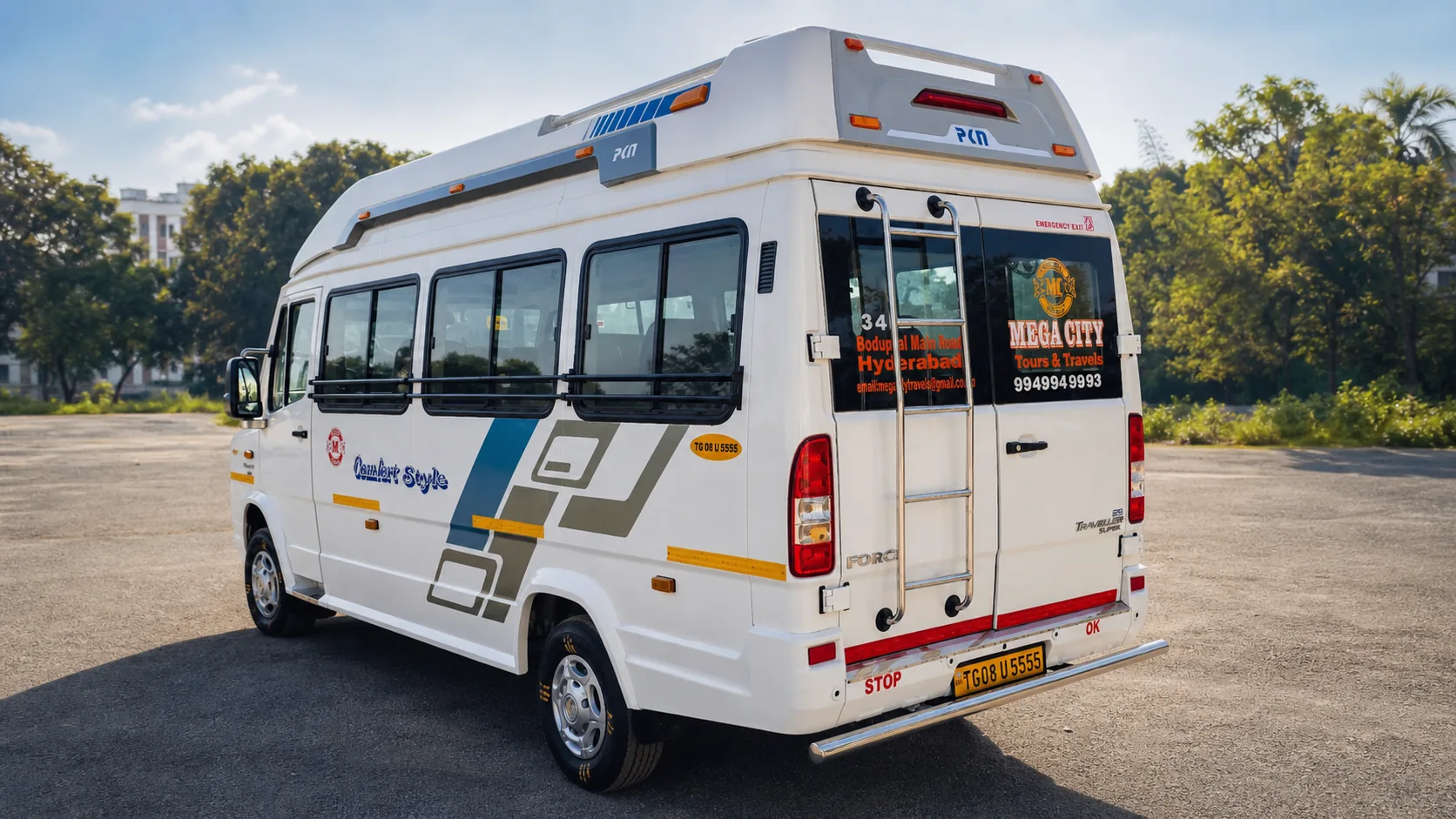 Tempo Traveller for hire in Hyderabad by Mega City Tours and Travells.