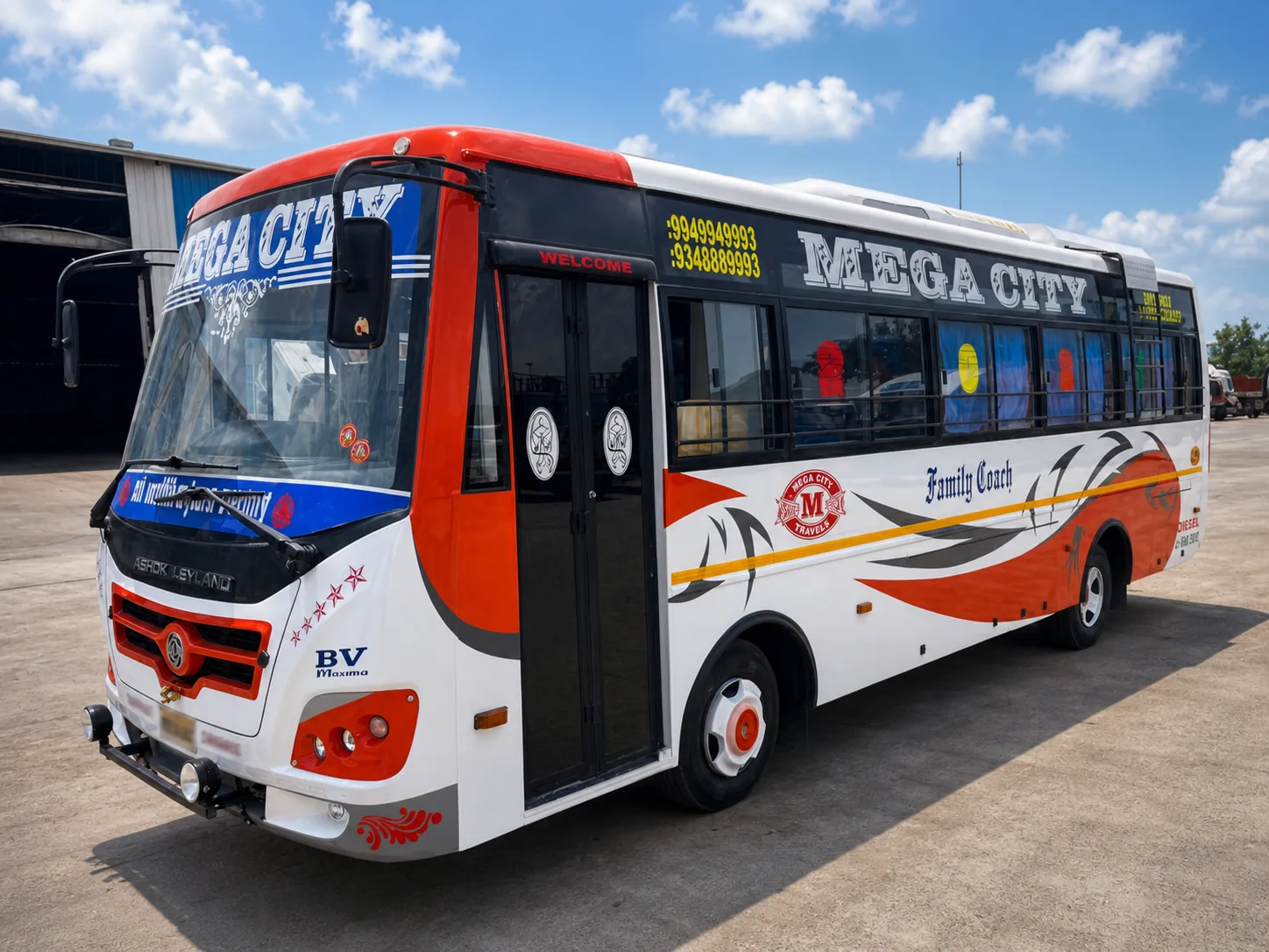 28 Seater Bus for hire in Hyderabad by Mega City Tours and Travells.